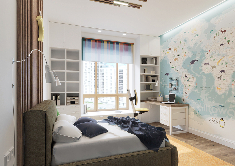 кровать, деревянные рейки, окно, стол, обои с изображением географической карты мира