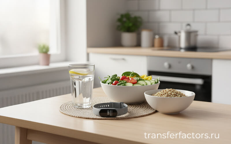 4Life Transfer Factor: здоровое питание и режим — салат и крупа на столе, стакан воды с лимоном и фитнес-браслет на фоне кухни