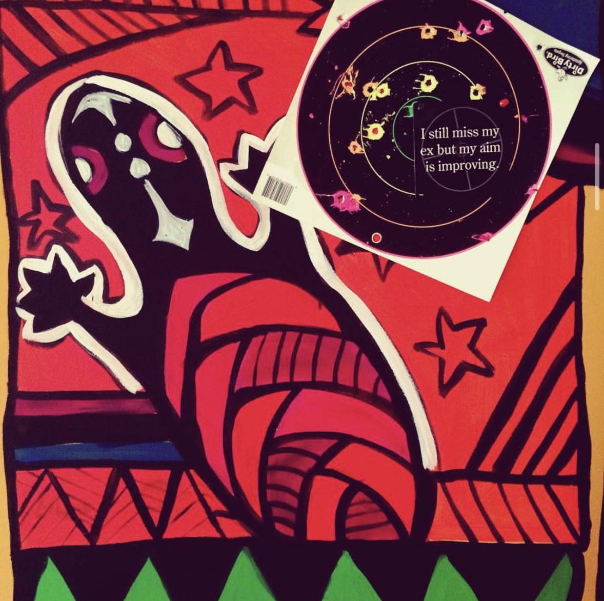Target Practice — bold red graphic art with spirals, stars and a vinyl record