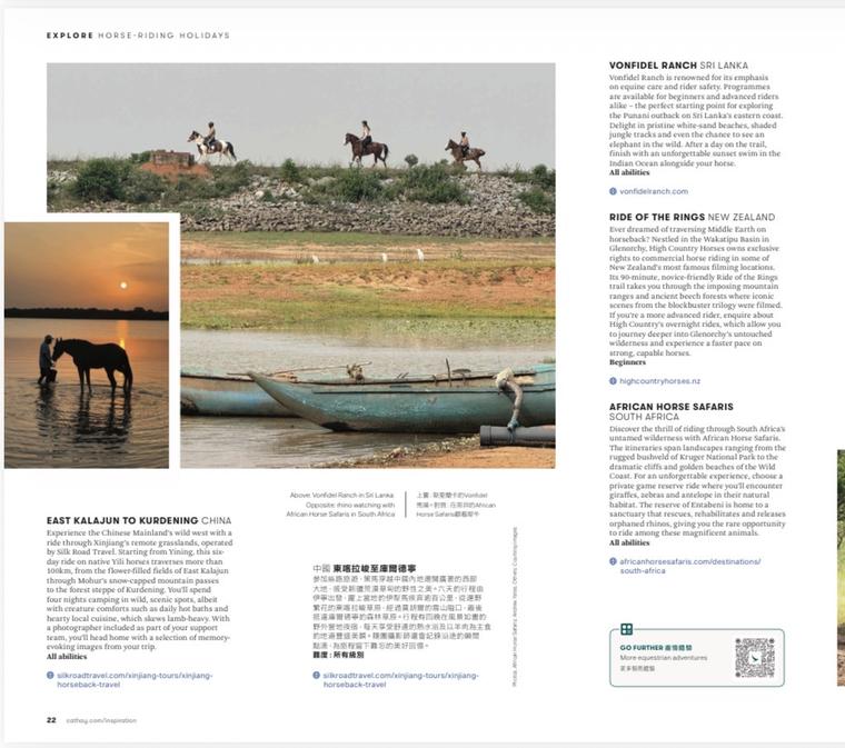 Vonfidel Ranch featured by Cathay Pacific – Inspiration among a select collection of international horse-riding holiday destinations. February 2026.