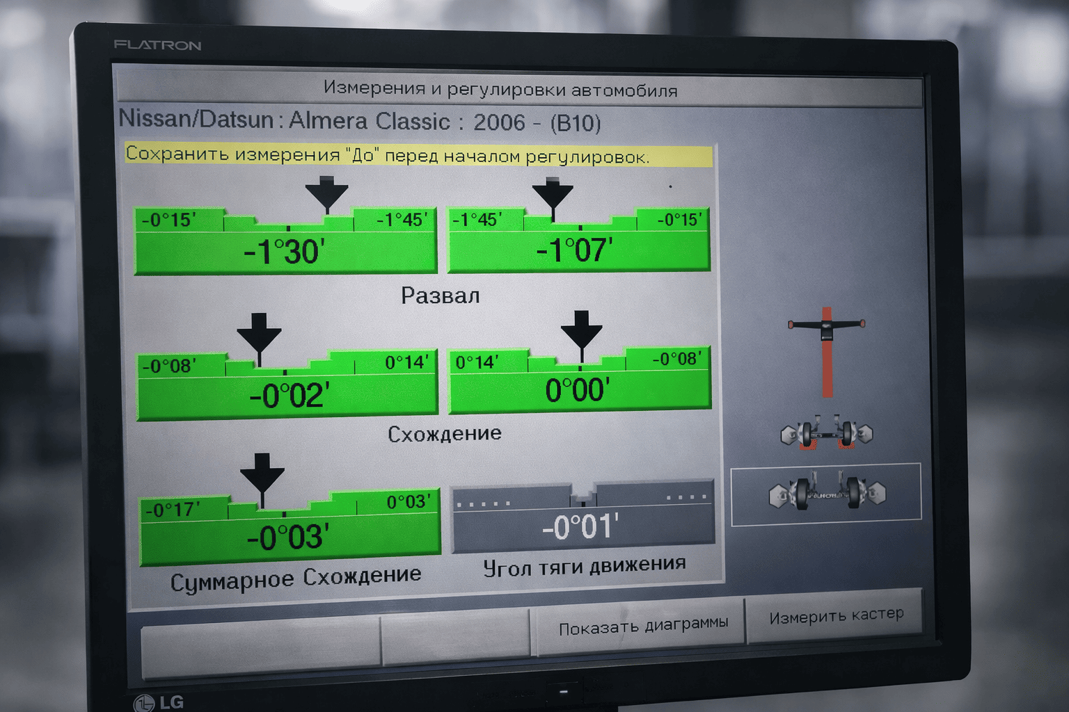 Результаты регулировки сход-развала Nissan Almera Classic на компьютерном стенде параметры развала и схождения в пределах нормы