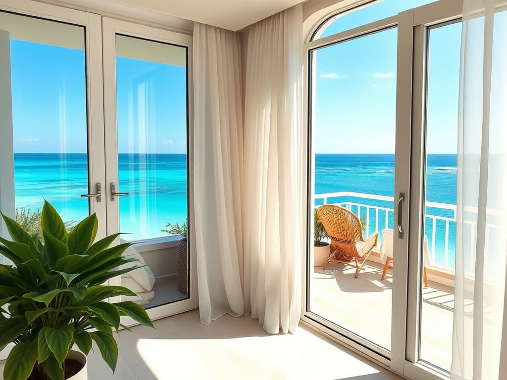 The image shows a sunlit terrace with a panoramic view of the azure sea. The apartment’s interior is decorated in light tones: transparent glass doors, airy curtains, and green plants create an atmosphere of comfort and subtle luxury. The highlight is the