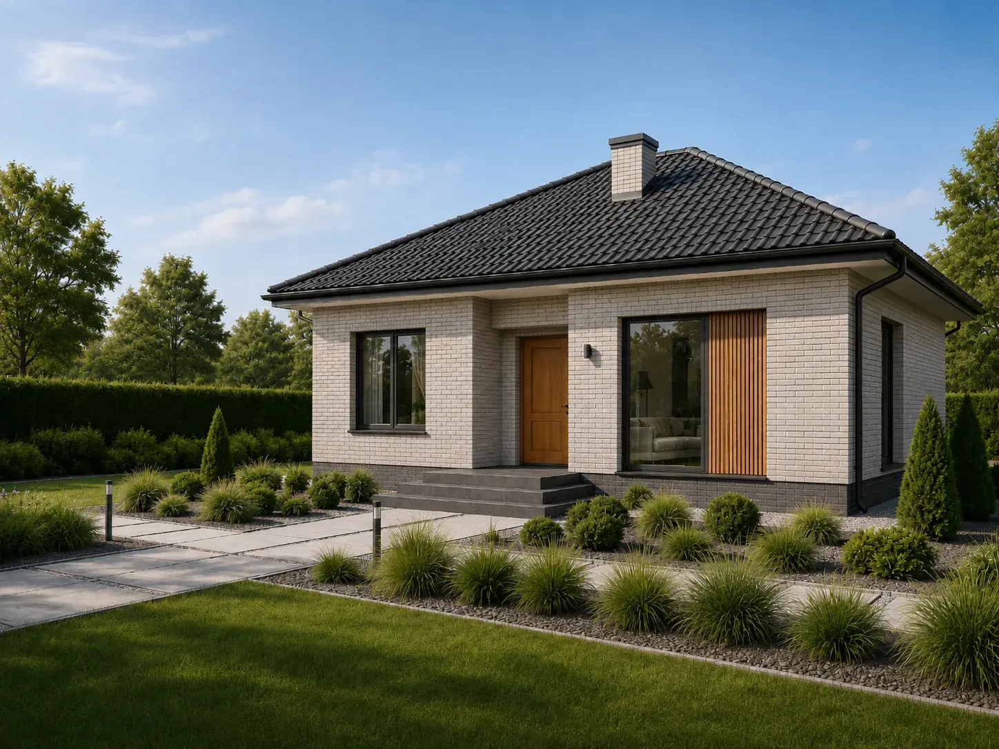 Одноэтажный дом 110 м² из светлого кирпича — проект Light Brick 110 от STRUKTURA