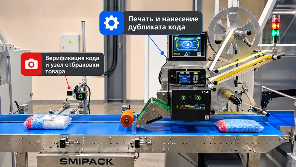 Автоматический комплекс дублирования DataMatrix с принтером-аппликатором и системой контроля маркировки