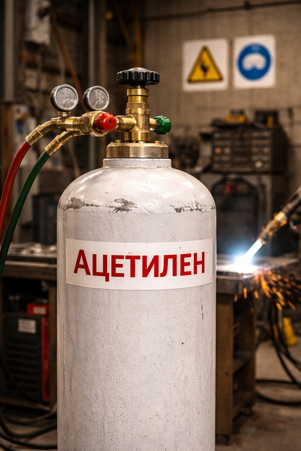 Белый баллон с ацетиленом в сварочном цехе — применение ацетилена в сварке и резке металлов