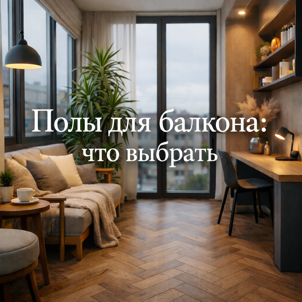 Современный уютный балкон с панорамным остеклением, рабочей зоной, мягким диваном и крупной драценой в интерьере. На полу уложено красивое деревянное покрытие, а в центре изображения размещена надпись: Полы для балкона: что выбрать. Изображение подходит д