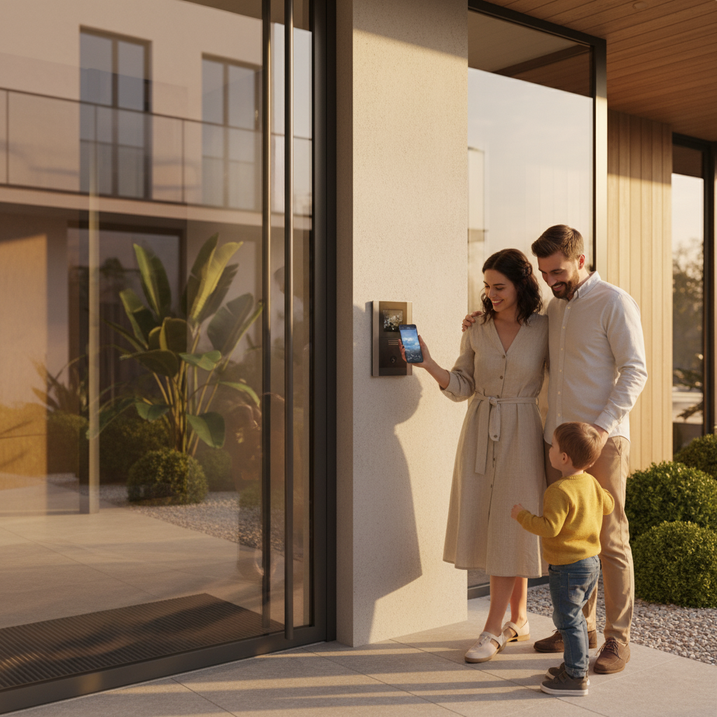 Современная семья использует IP-домофонию для входа в жилой комплекс премиум-класса.