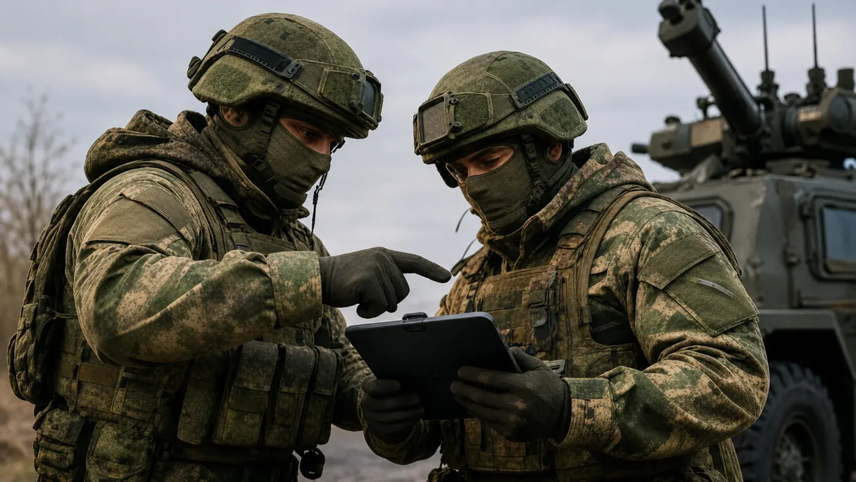 Военнослужащие технического профиля обсуждают рабочую задачу