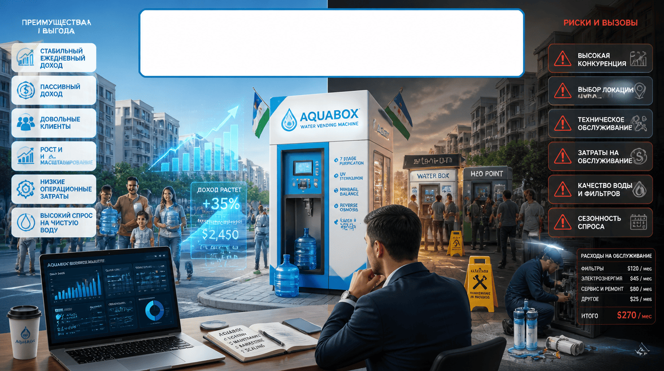 Бизнес на автоматах питьевой воды в Узбекистане: разбор Aquabox риски и выгода