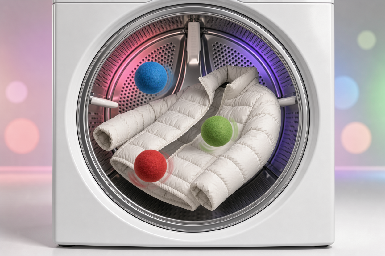 A dryer interior with two or three soft dryer balls bouncing around a down jacket, illustrating gentle tumble drying and fluffing process