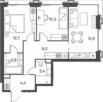3-комн 55 м²