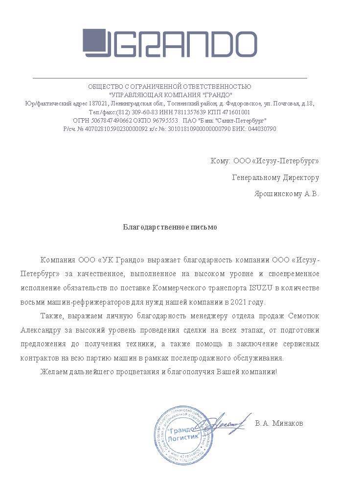 Благодарственное письмо УК Грандо