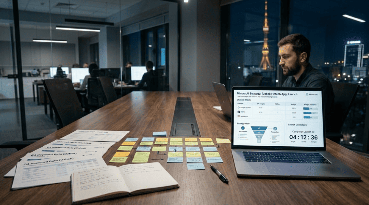 Conference room in Tashkent office contrasting a traditional Semrush-based research and briefing workflow with a Minora AI campaign strategy canvas ready for 48-hour omnichannel launch.