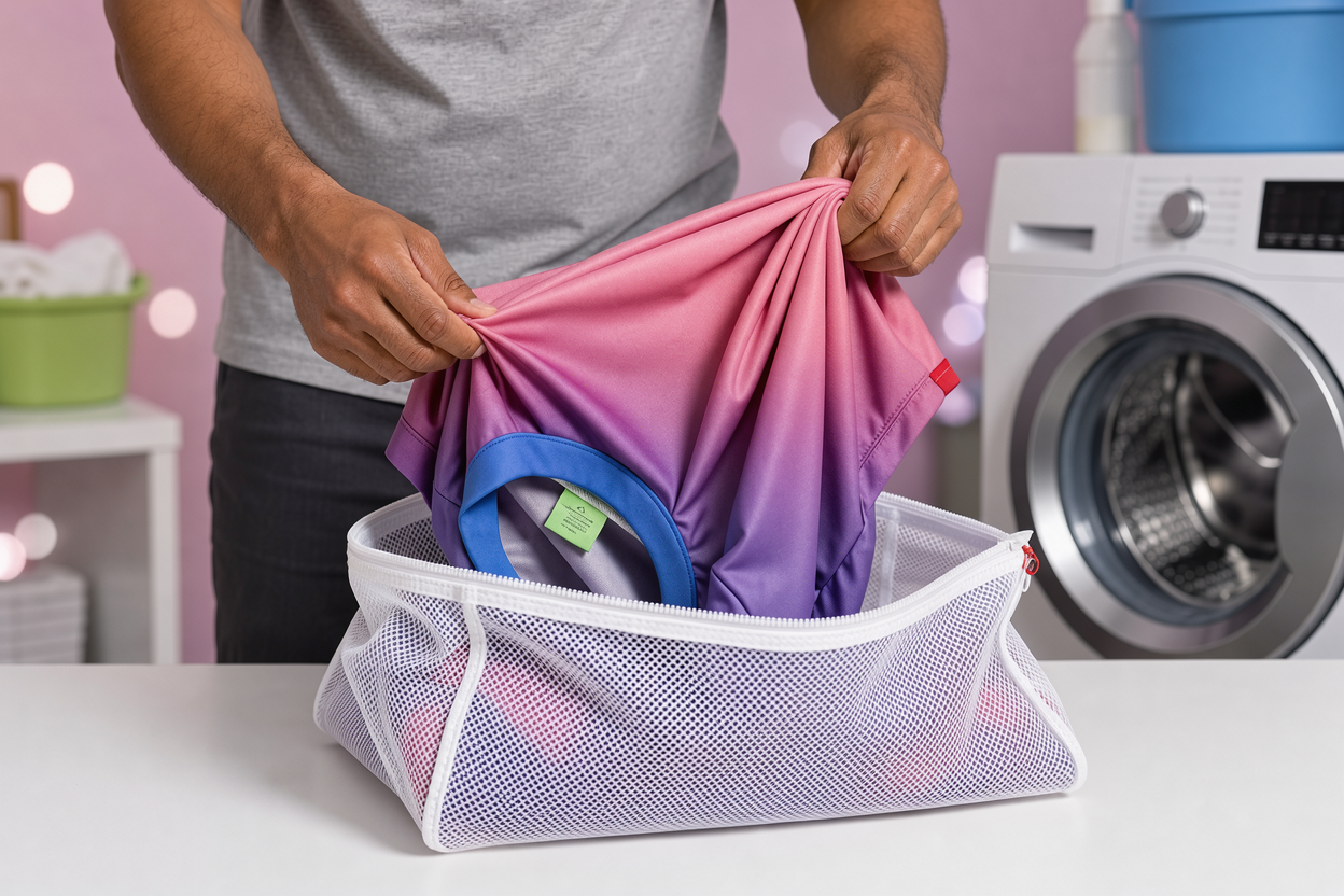 Hands turning a polyester shirt inside out and placing it into a mesh laundry bag next to a washing machine