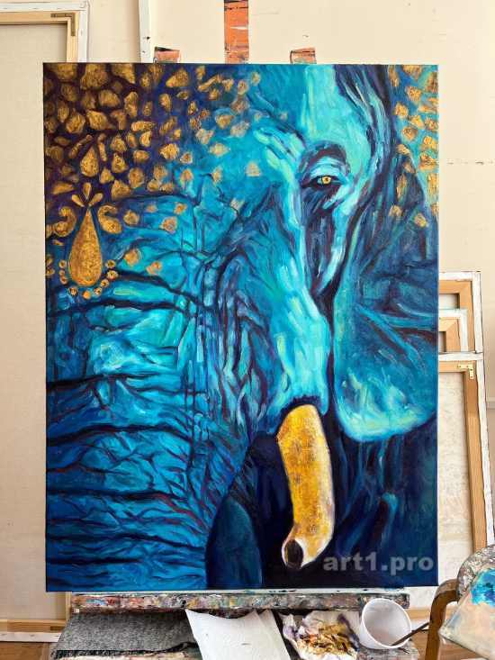 картина слон синий золото