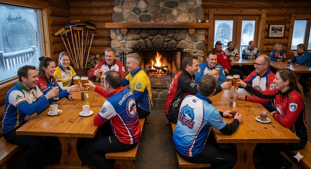 Традиция Broomstacking после матча по кёрлингу 