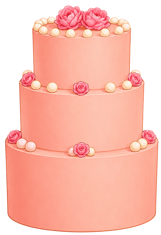 A delicious children's illustration of a cake in pink cream, with delicate chocolate balls and cream roses and peonies
