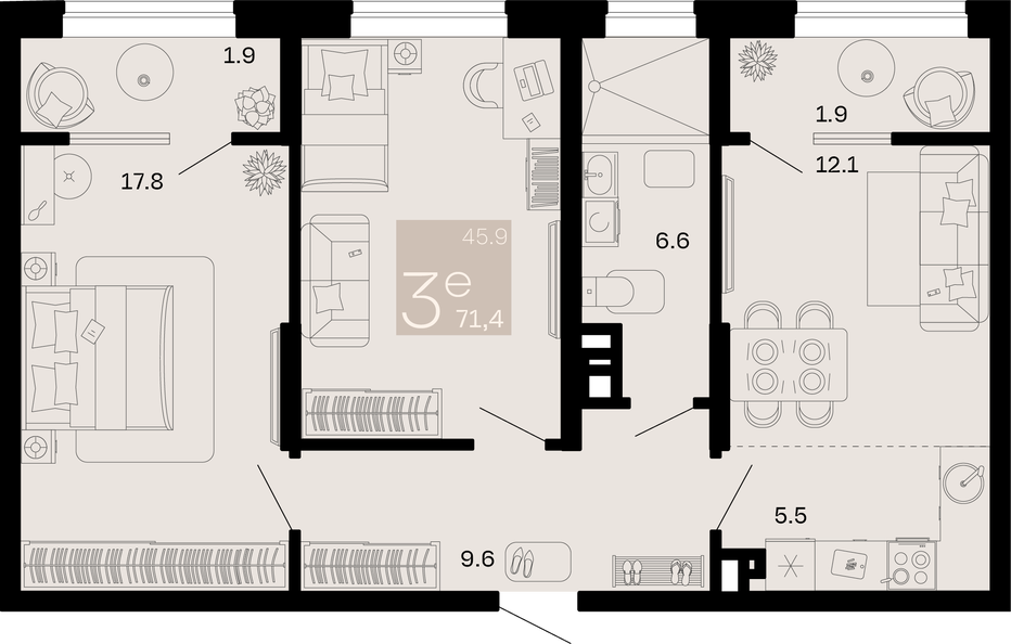 Трёхкомнатная квартира 71.4 м²
