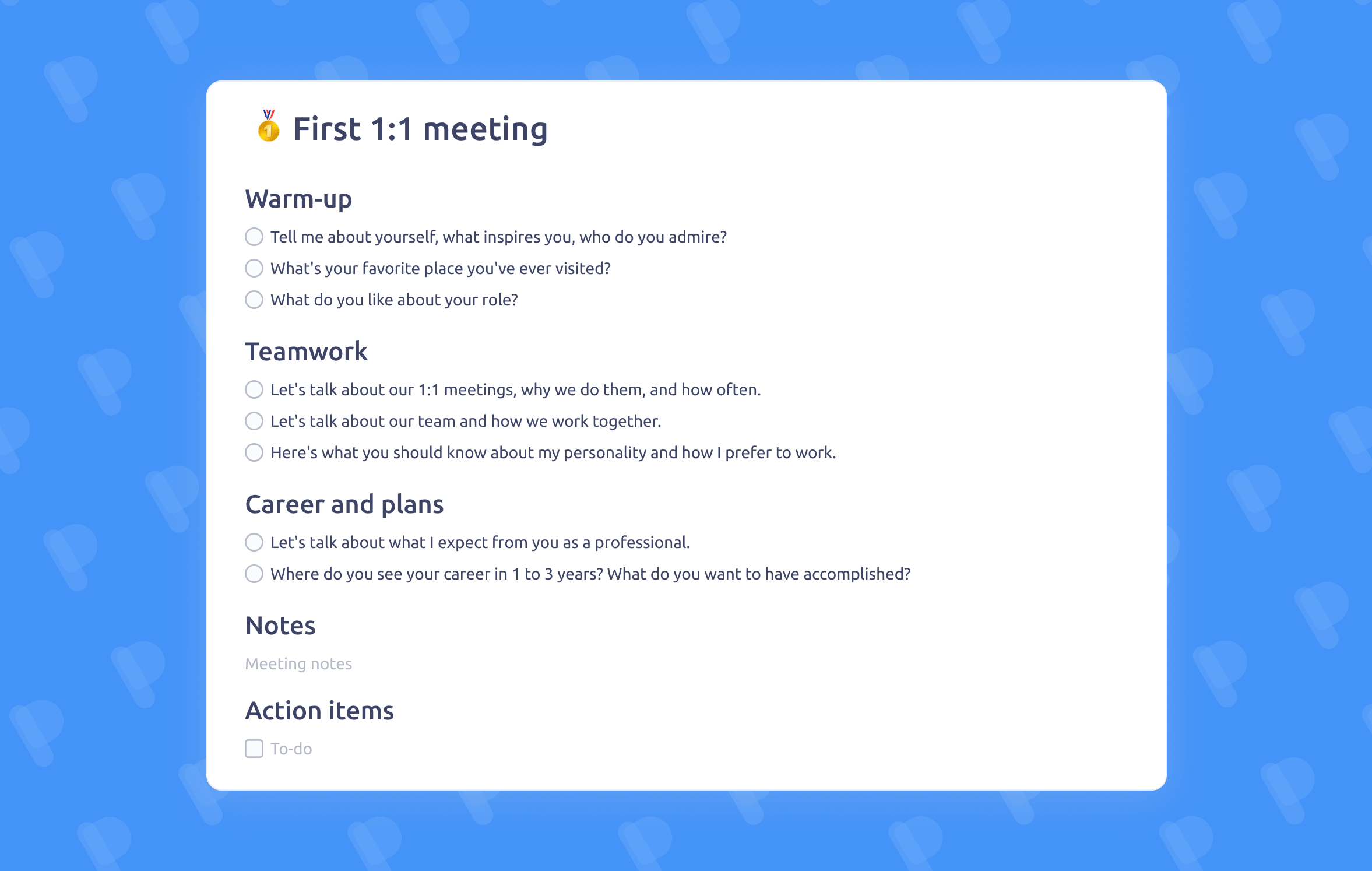 First One on One meeting template