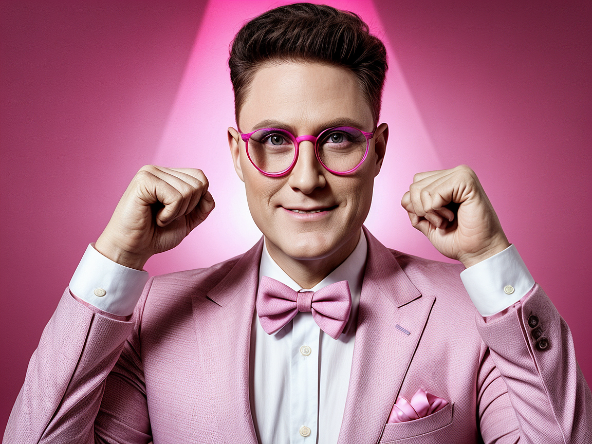 Randy Rainbow is elected President of the United States. wearing pink spectacle frames. on Fox News. (((campy))) . Inaugural Speech from the Oval Office --ar 4:3 --model cosmopolitan --lora realism detail