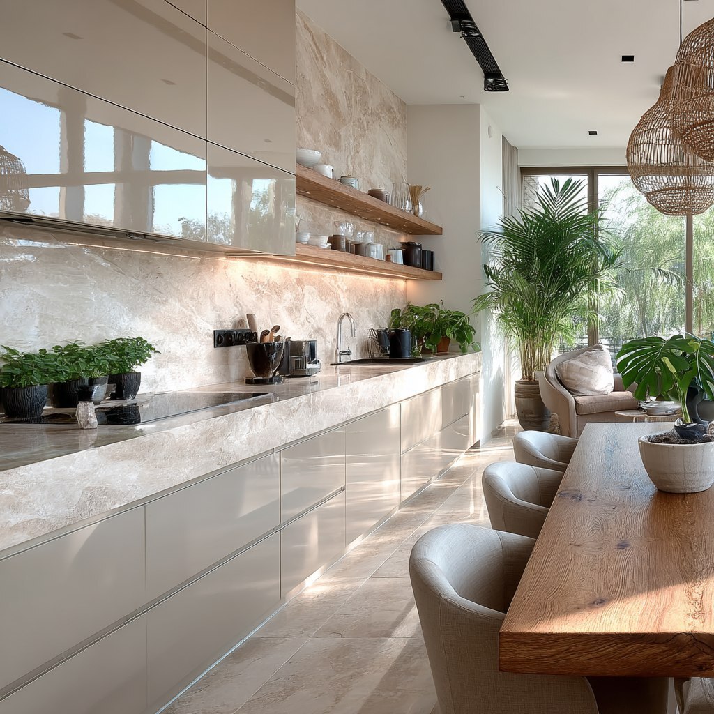 Сочетание матовых фасадов, каменной столешницы и спокойного фартука