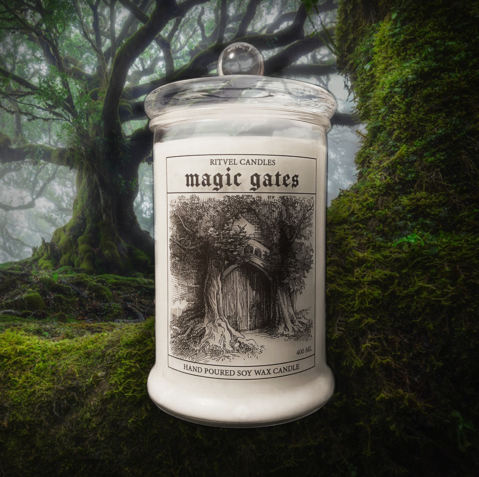 соевая готическая свеча с гравюрой по мотивам книги Властелин колец,c ароматом мха и зачарованного леса 