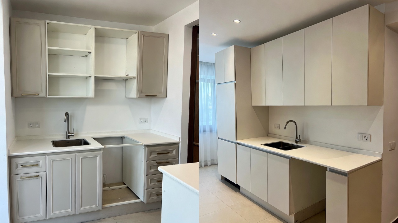 A side-by-side photo comparing a standard modular kitchen and a custom-built kitchen in a modern setting.
