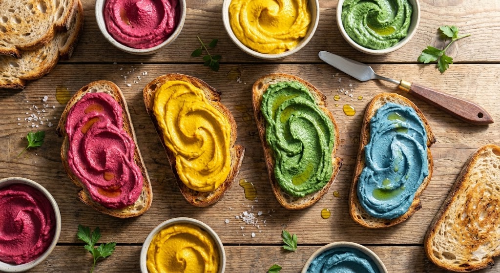 Разноцветные брускетты с намазками из сливочного сыра и овощных соков