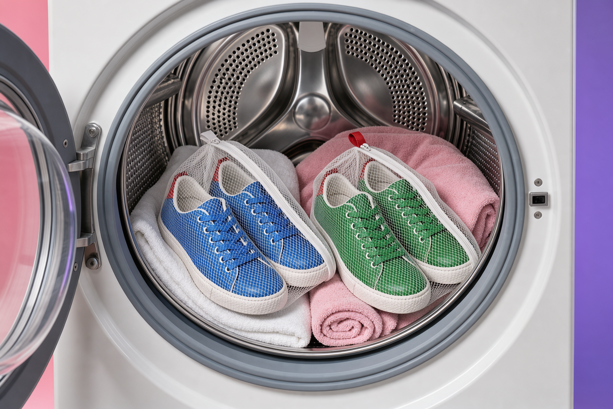 washing machine drum loaded with two pairs of sneakers placed in separate mesh laundry bags alongside a couple of towels for cushioning
