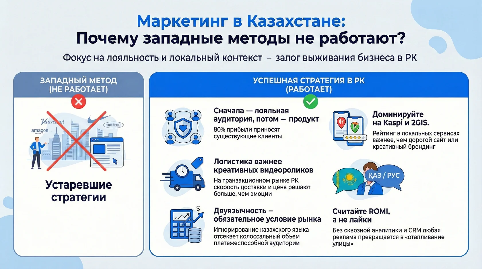 Инфографика: сравнение неэффективных западных методов маркетинга и успешных стратегий продвижения бизнеса в Казахстане