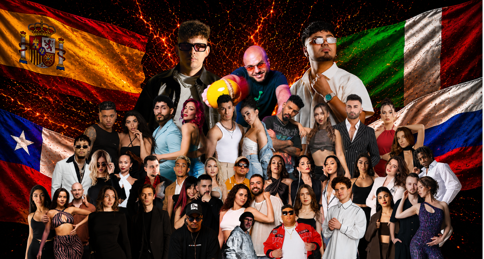 Gran grupo de artistas internacionales con banderas de España, Italia y Chile sobre fondo de lava oscura