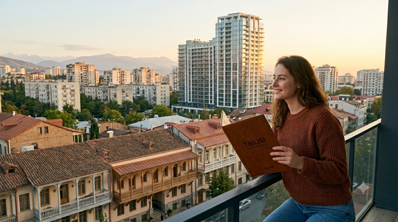 Female expat on a Tbilisi balcony finding her perfect match. Cityscape with new builds old town and Soviet-era apartments.