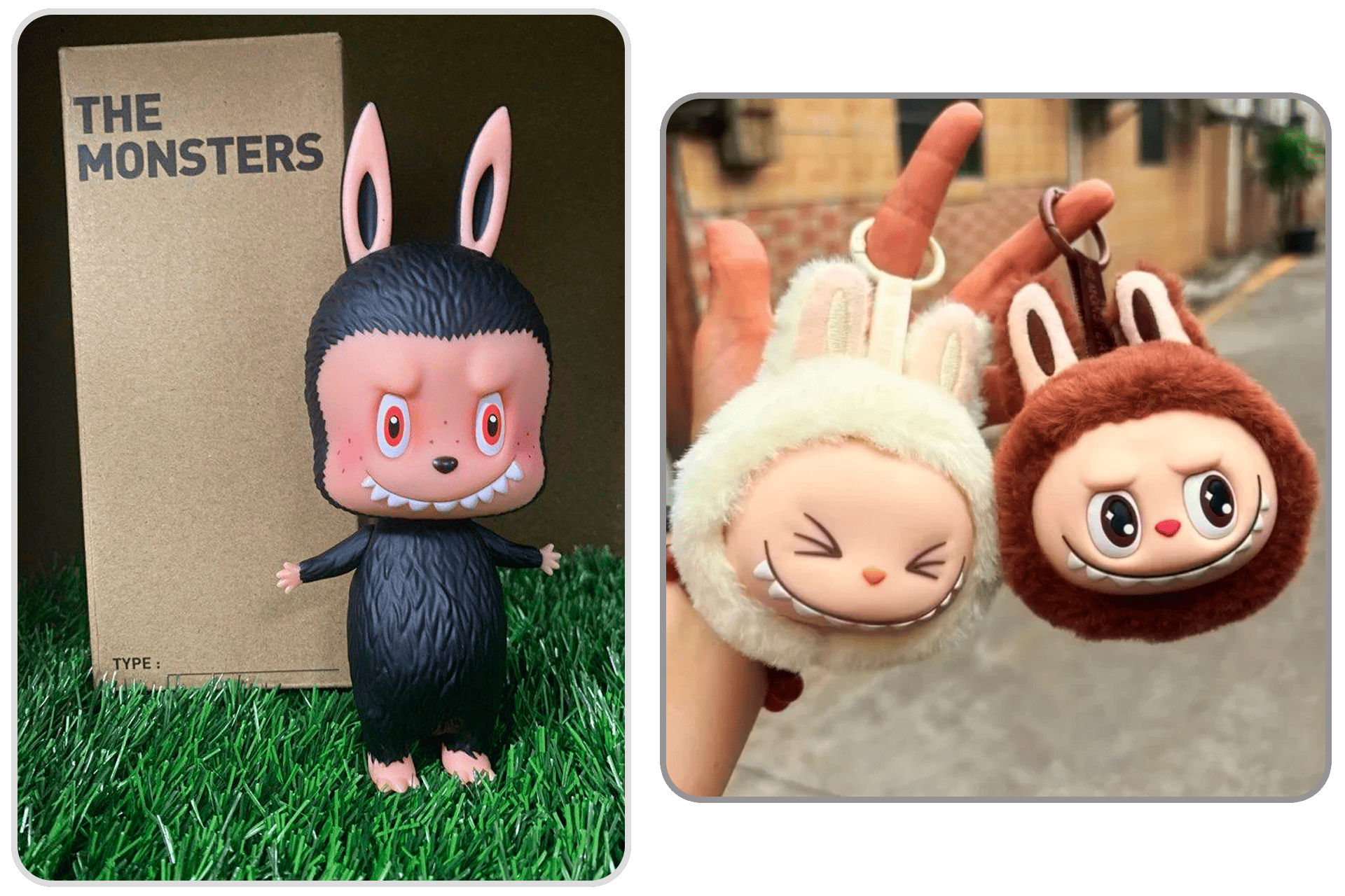 Слева ранняя виниловая фигурка Лабубу серии The Monsters от Ка Синг Лунг, Справа - современный плюшевый брелок Лабубу