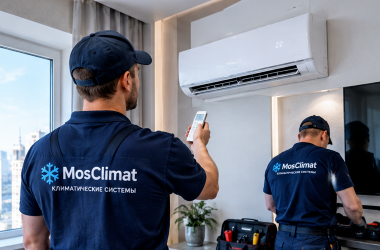 Монтажник MosClimat устанавливает кондиционер