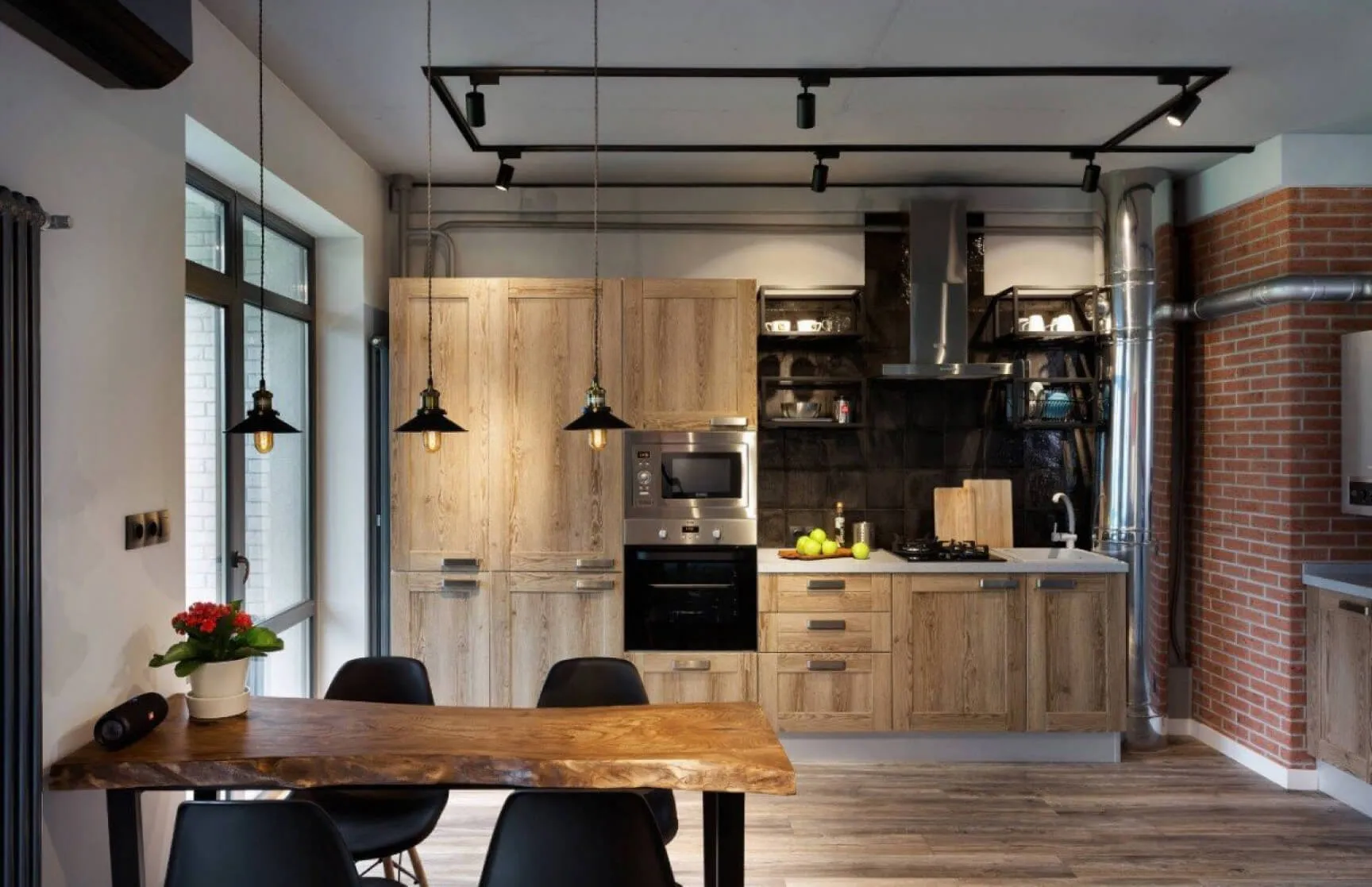Кухня в стиле лофт с фасадами под дерево