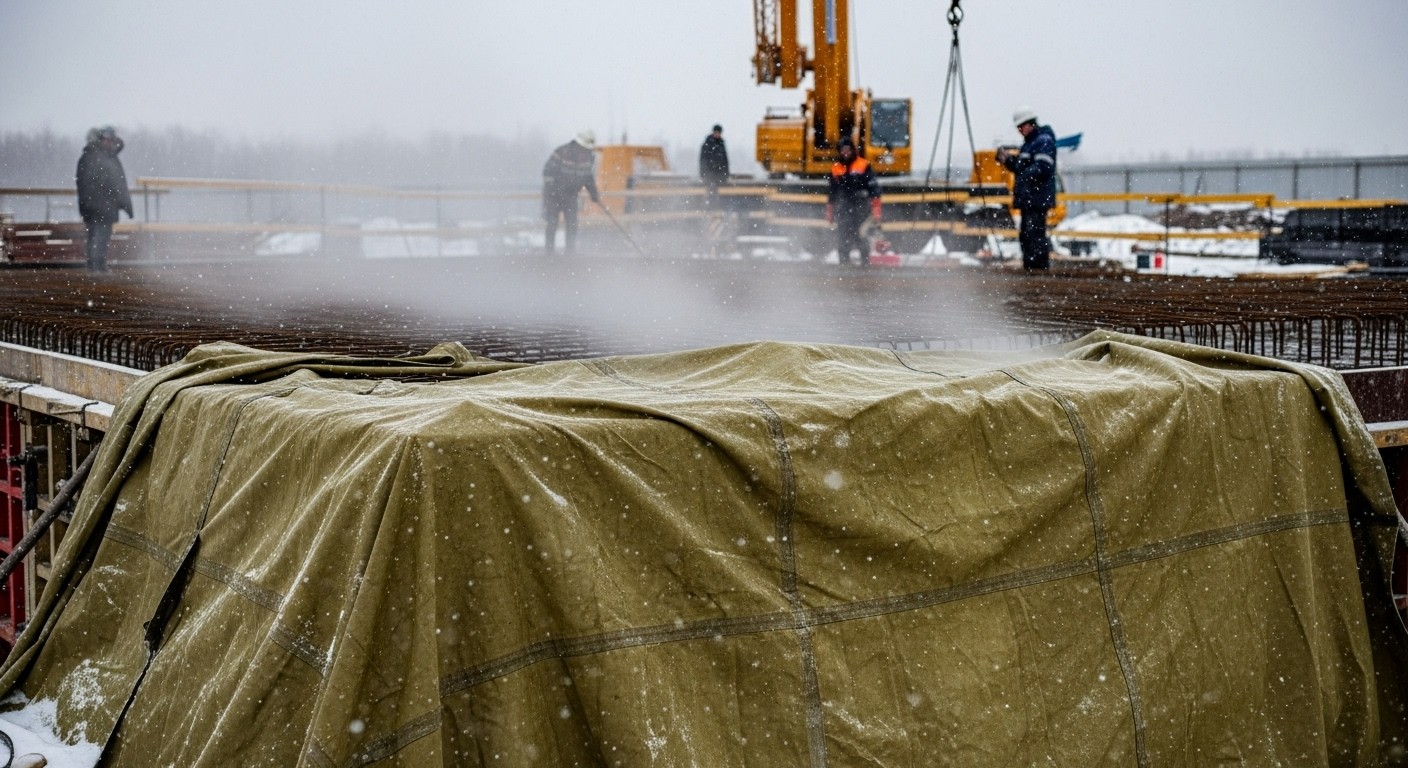 Утепленный полог из брезента накрывает бетонную конструкцию на зимней стройплощадке для защиты от мороза и удержания тепла при затвердевании бетона
