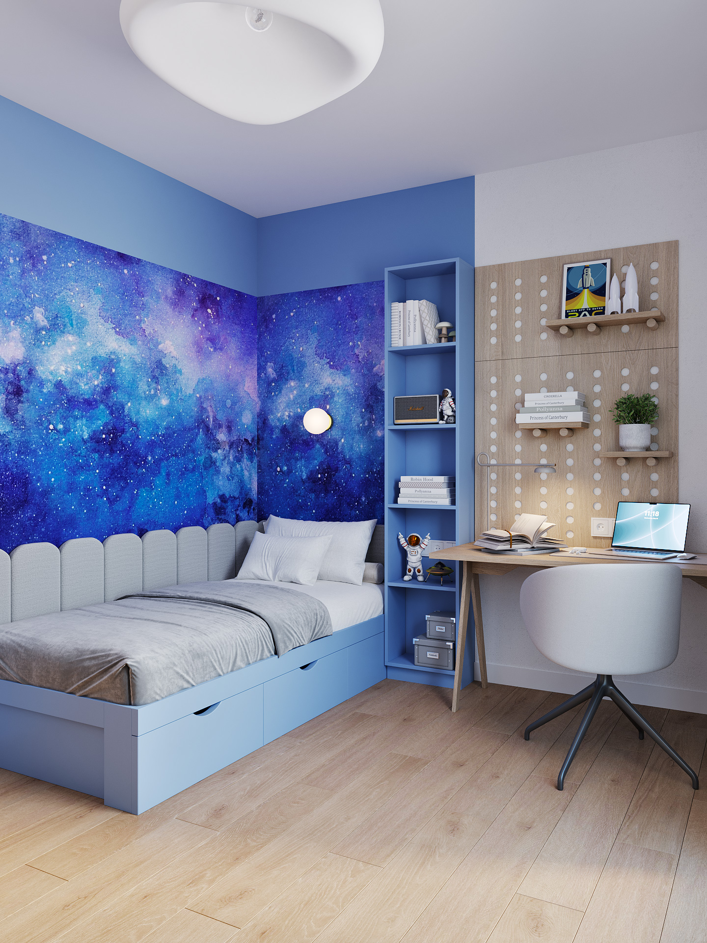 Chambre avec panneaux en bois couvrant tout le mur et un étroit placard de rangement en bois assorti.