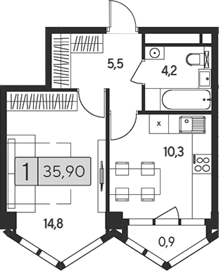 1-комн 35,90 м²