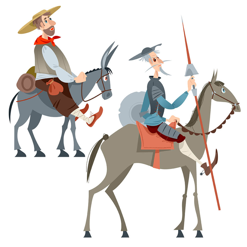 Дон Кихот на лошади и Санчо Панса на осле
