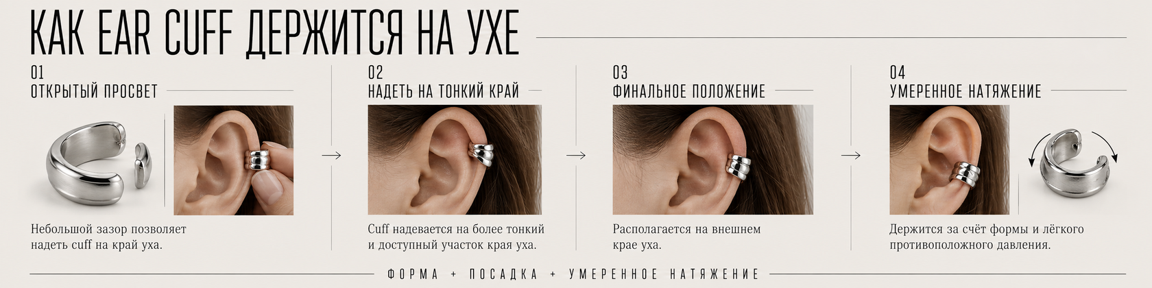Как ear cuff держится на ухе: открытый зазор, надевание на более тонкий край, финальное положение и умеренное натяжение
