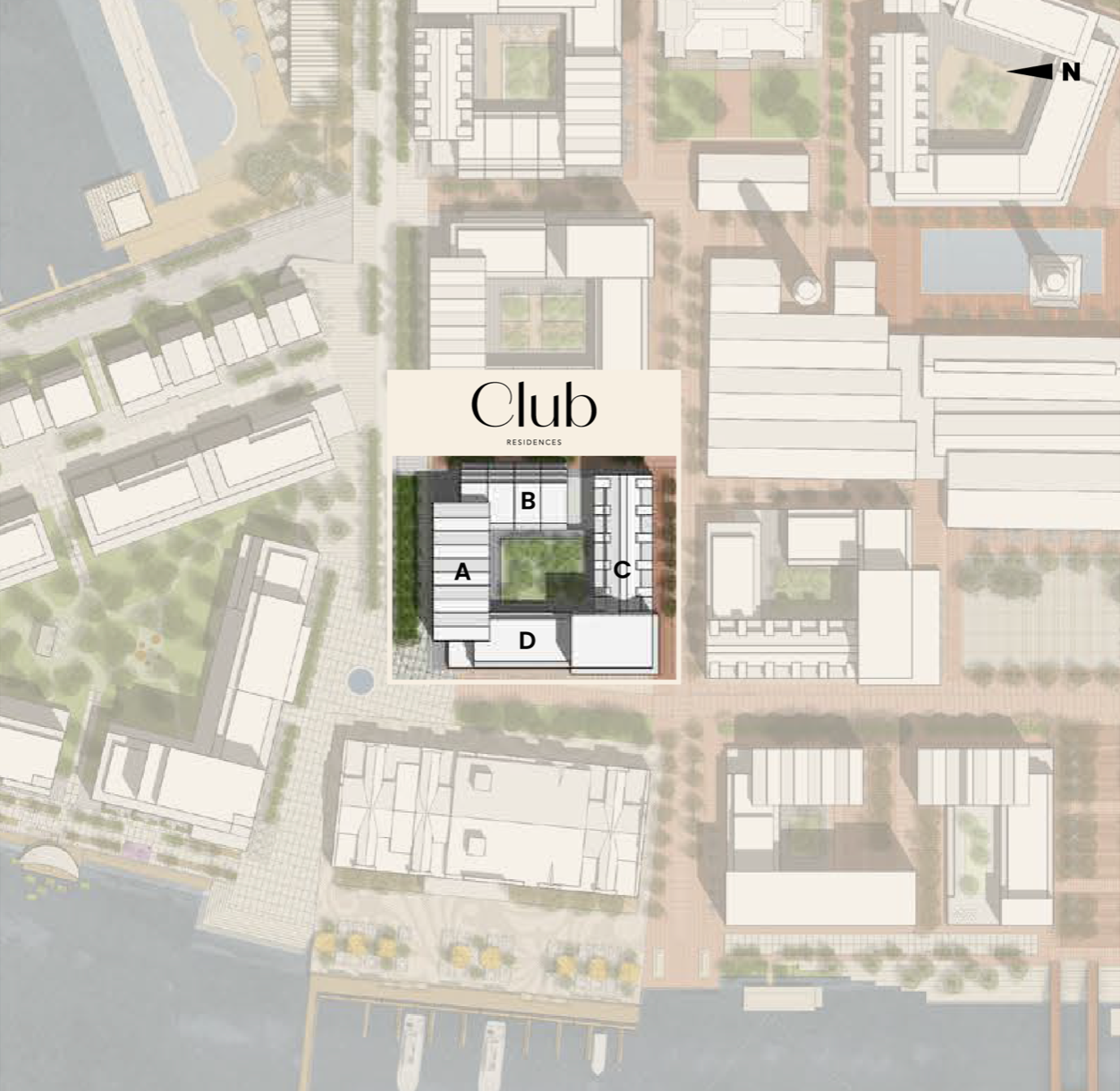 Project masterplan with Club Residences location and 4 available blocks.