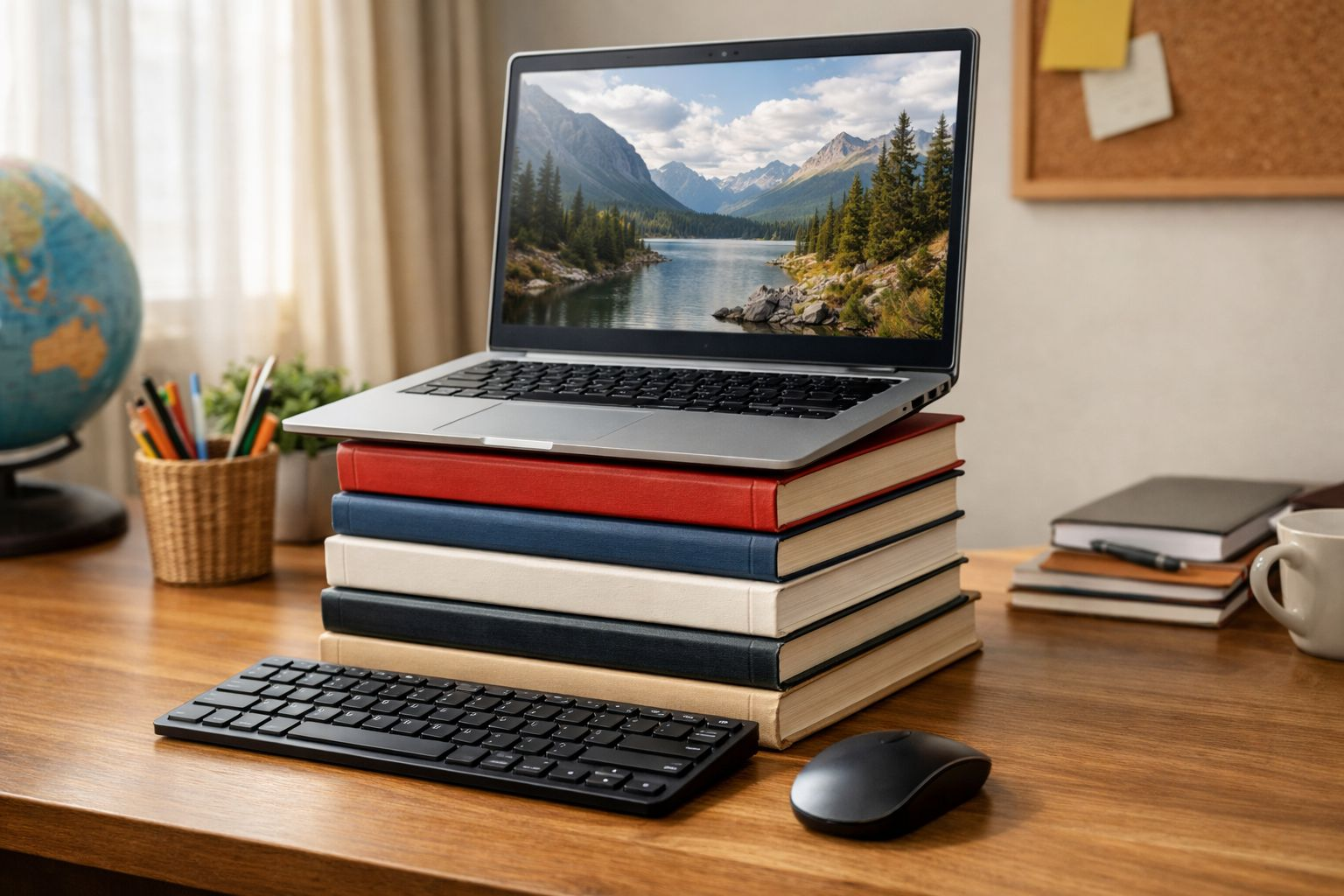 Laptop di atas tumpukan buku sebagai penyangga layar dengan keyboard dan mouse di meja kerja kecil.