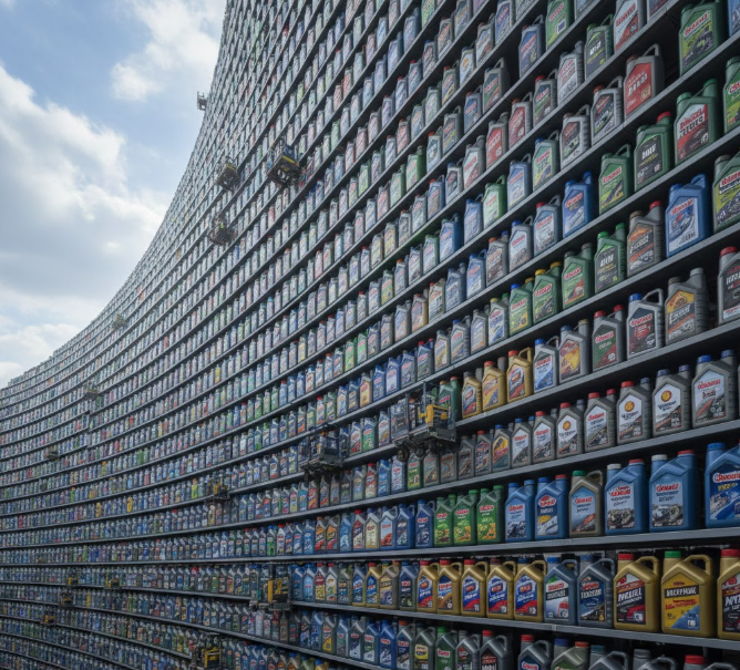 Огромный выбор моторного масла, полка до небес