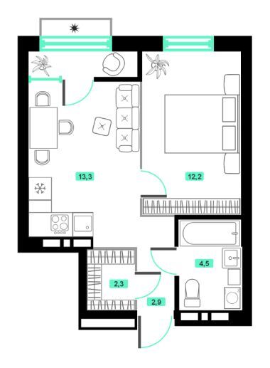 Евро-2-комн 36 м²