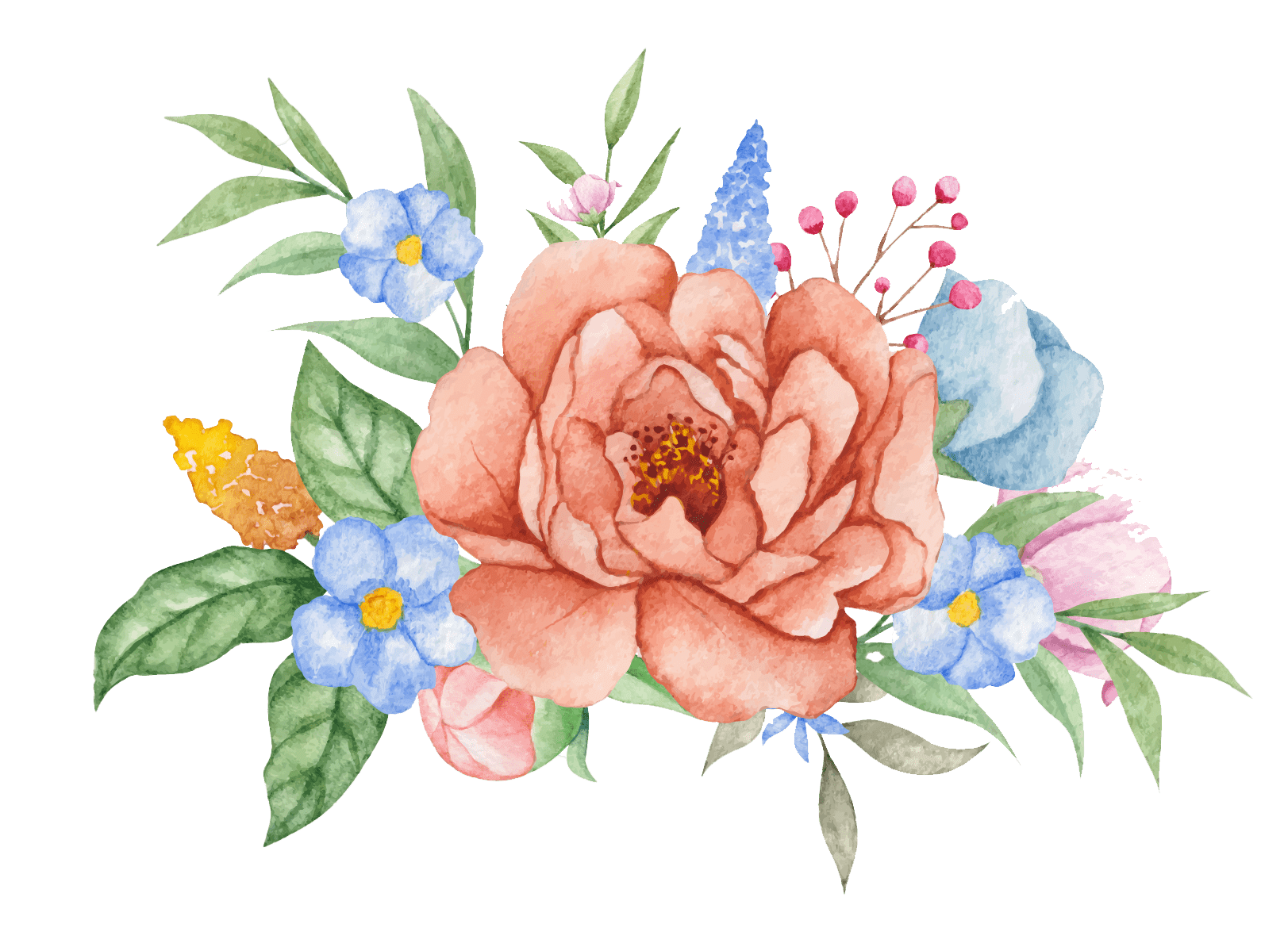 букет цветов, выполненных в акварели, расположены слева от телефона