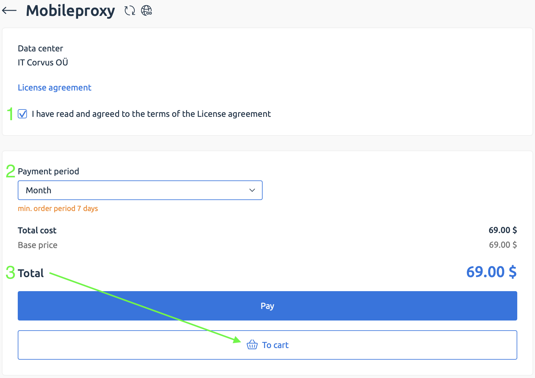 Terms of Service, payment period selection, 