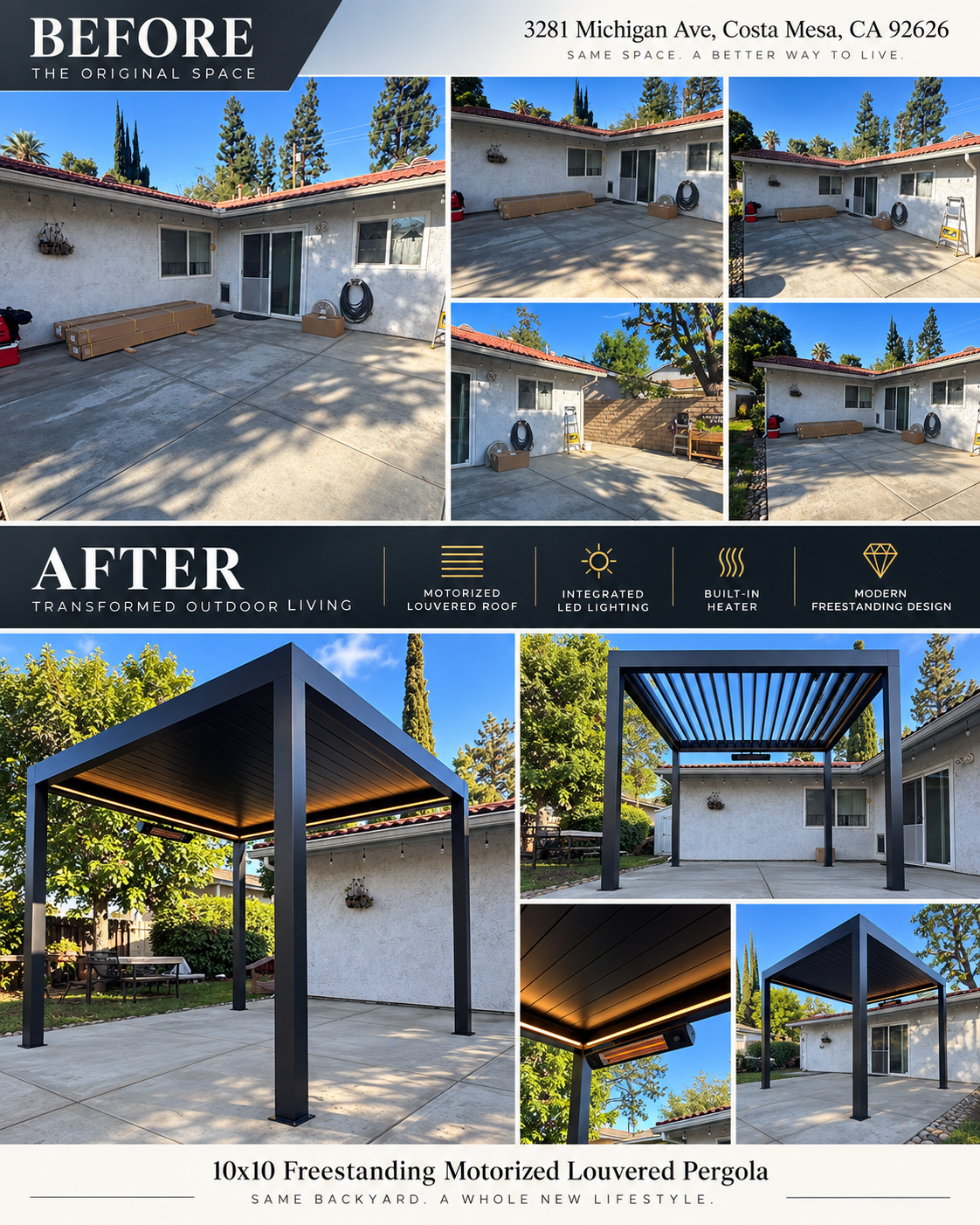 before and after collage of a real motorized louvered pergola project in Costa Mesa