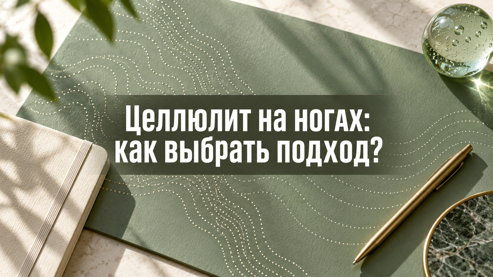 Абстрактная зелёная консультационная доска с точечными контурами, блокнотом и ручкой; по центру фраза «Целлюлит на ногах: как выбрать подход?»