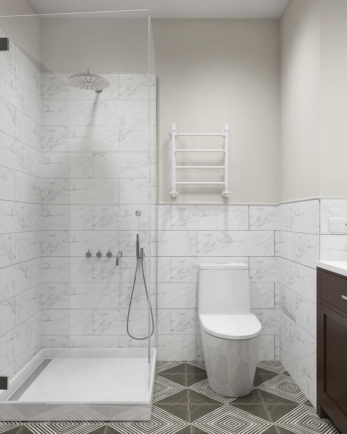 Душевой поддон, унитаз, полотенцесушитель, Плитка под белый мрамор. Керамогранит с узором на полу