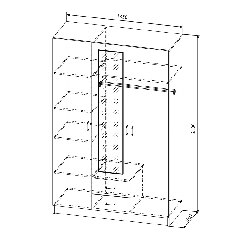 Шкаф трехстворчатый распашной с полками и штангой схема